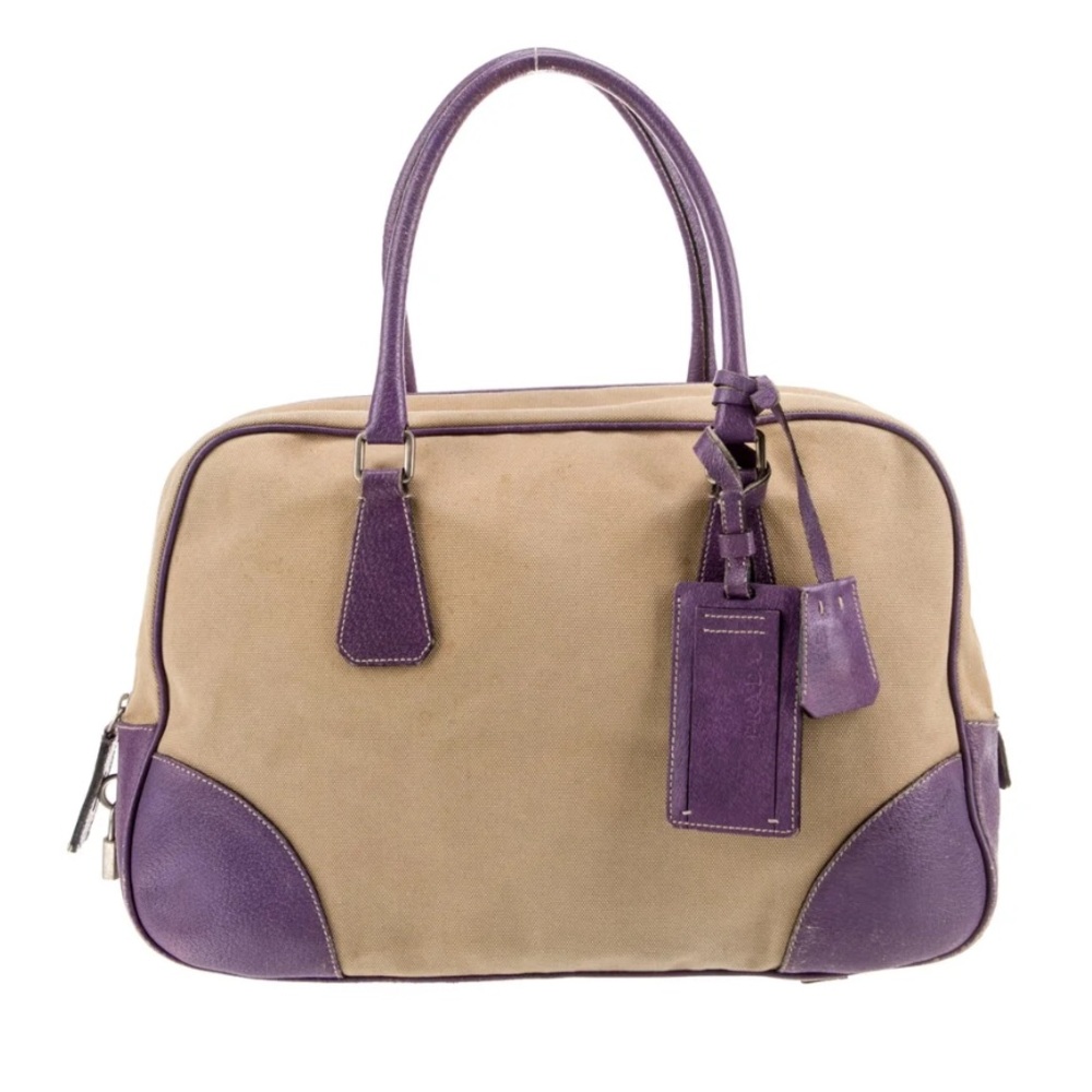 Prada- Authentic Purple and Tan Handbag w canvas and leather accents!
